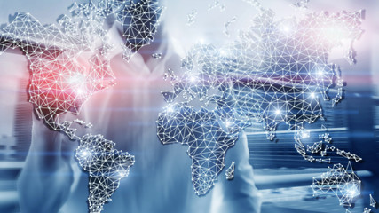 Fototapeta na wymiar Global World Map Double Exposure Network. Telecommunication, International business Internet and technology concept