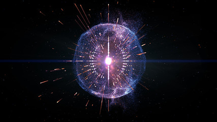 3-dimensional illustration of the future display, the motion of the particles gathered into a blue sphere with colored lines running  through the concept of cyber information technology.