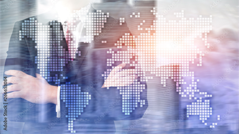 Poster double exposure world map on skyscraper background. communication and global business concept.