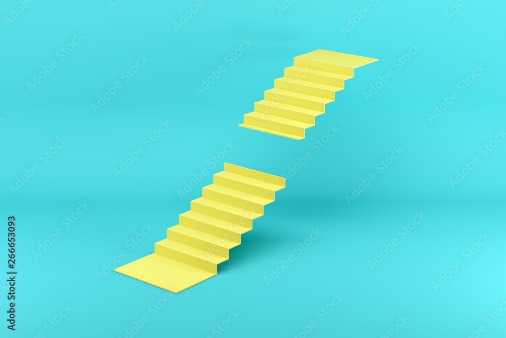 Poster yellow stairway missing steps in the middle isolated on blue background. minimal conceptual idea con