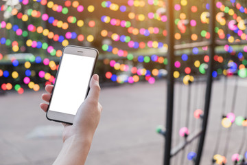 Woman used smart phone on the park, mock up on screen, Close up