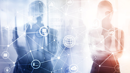 ICT - information and telecommunication technology and IOT - internet of things concepts. Diagrams with icons on server room backgrounds.