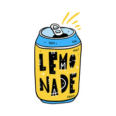 Lemonade in a tin hand drawn vector illustration and lettering.
