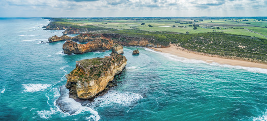 Aerial panoramic landscape of Great Ocean Road coastline in Victoria, Australia © Greg Brave