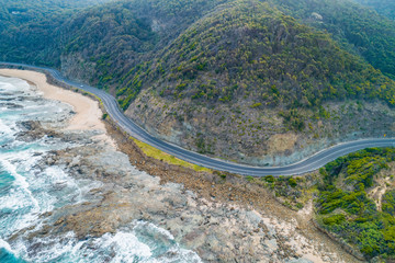 Looking down at the bends of the famous Great Ocean Road in Victoria, Australia