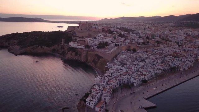 Aerial video of sunset over Ibiza