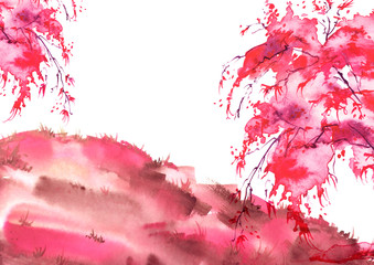 Watercolor vintage bush, a tree. pink, red silhouette of trees. illustration. Watercolor cherry blossom. Hand draw cherry blossom sakura branch and flowers. landscape, forest. card, invitation