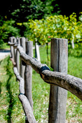 Fototapeta premium Stylish kind of wicker fencing in the mountains of the Krasnodar Territory of Russia. The material from which the fence is made is a tree. It is an excellent material with a warm, natural texture made