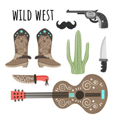 Wild West. Vector set of elements with texture. Guitar, cowboy boots, knives, revolver, cactus, mustache.