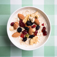 Healthy breakfast fresh granola muesli with milk and nuts