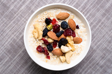 Healthy breakfast fresh granola muesli with milk and nuts