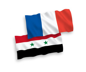 National vector fabric wave flags of France and Syria isolated on white background. 1 to 2 proportion.