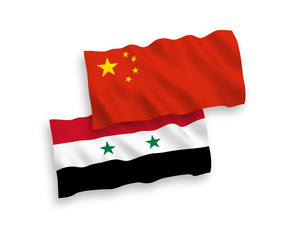 National vector fabric wave flags of Syria and China isolated on white background 1 to 2 proportion.