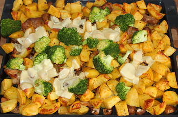 Baked potatoes with meat, cheese, broccoli, mushrooms, turmeric and other spices from the oven close-up.