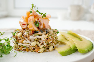 Salad of germinated seeds, trout and avocado. Macrobiotic food concept