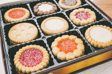 Homemade biscuit biscuits with various fillings. Assorted Close-up