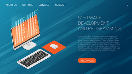 Software development and programming, program code on laptop screen, big data processing, computing isometric