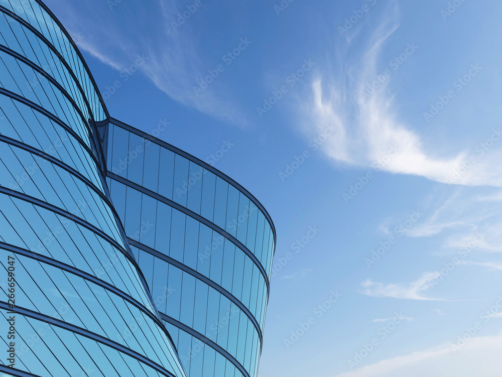 Poster 3d stimulate of high rise curve glass building and dark steel window system on blue sky background,b