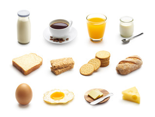 Breakfast food and drinks isolated on white background