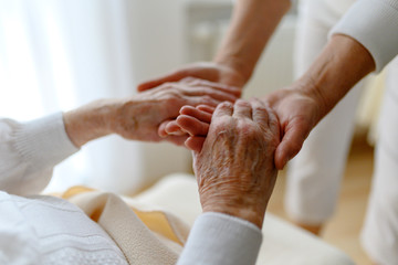 Rentnerin wird bei den Händen gehalten, Fürsorge im Alter - 266659246