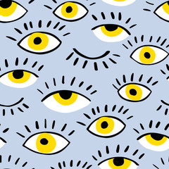 Eyes doodle vector hand drawn seamless pattern. Closed and open eye. The pattern for the fabric, cover. Ornament for wrapping paper. 