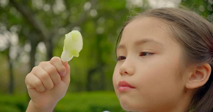 happy little girl eating popsicle at summertime