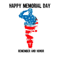 Silhouette of a soldier saluting with the text Memorial day remember and honor. American flag.  Celebration of all who served. American holiday poster.