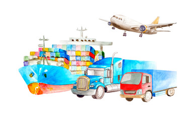 Watercolor logistic concept set of cargo transport for business cards isolated on white background. Airplane, container truck, van truck, lorry.