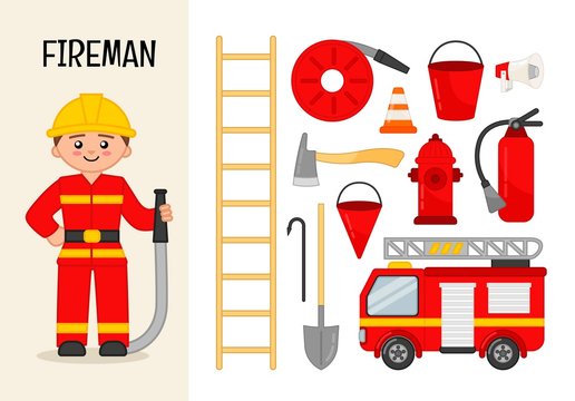 Vector character fireman. Illustrations of fireman equipment. Set of cartoon professions.