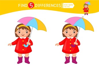 Find differences.  Educational game for children. Cartoon vector illustration of cute girl with umbrella.