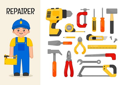 Vector character repairer. Illustrations of tool. Set of cartoon professions.
