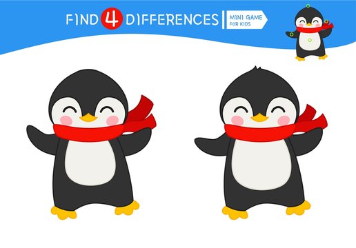Find differences.  Educational game for children. Cartoon vector illustration of cute penguin.