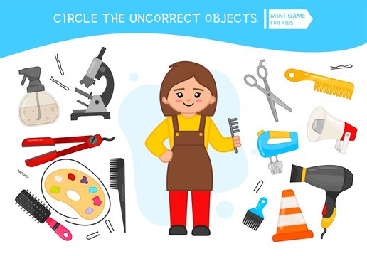 Educational game for children. Cartoon hairdresser. Circle the uncorrect objects. 