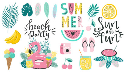 Set of hand drawn vector summer illustrations, fruits, palm leaves, flamingo, beach oarty lettering, cocktails