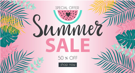 Summer sale typography banner illustration for advertisement, business, fashion with hand drawn lettering and tropic palm leaves