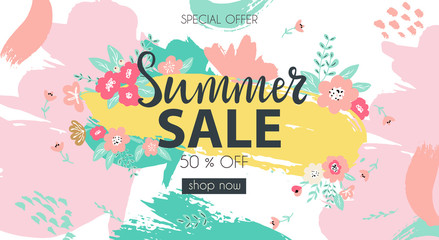 Summer sale typography banner illustration for advertisement, business, fashion with hand drawn lettering and colorful flowers and brush strokes on background