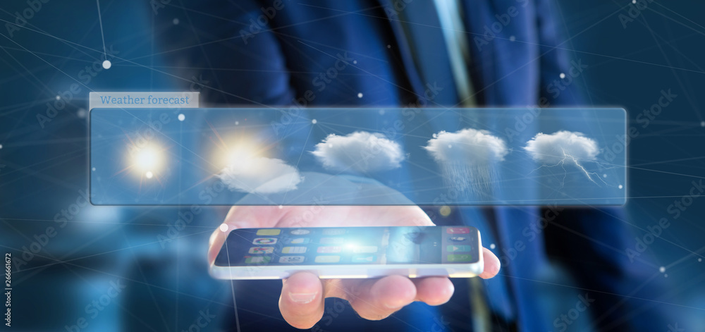 Poster businessman holding a weather forecast widget 3d rendering