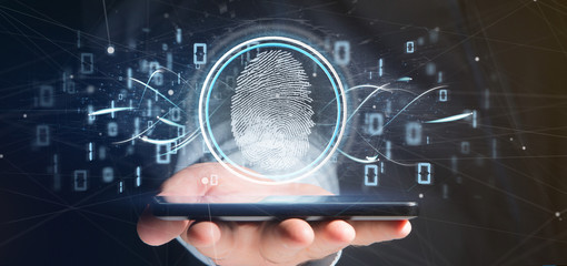 Businessman holding a Digital fingerprint identification and binary code 3d rendering