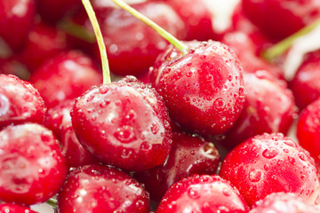 Close up of fresh cherry berries with water drops.Antioxidant, vitamin, organic berry