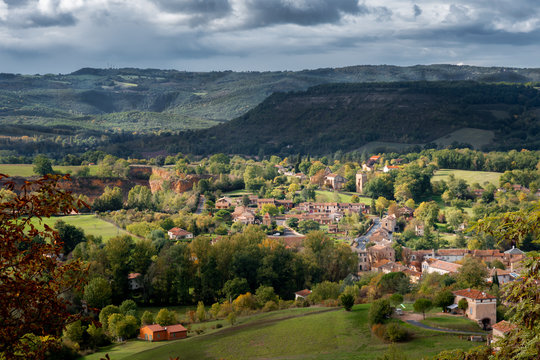 View of a small village and rolling hills of the French countryside