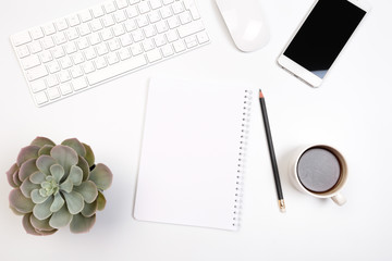 Office desk table with supplies. Flat lay Business workplace and objects. Top view. Copy space for text