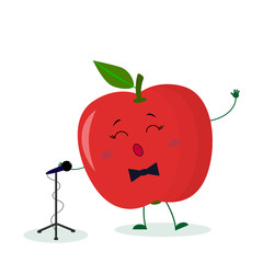 Kawai cute fruit red apple singer with a bow tie sings into the microphone. Cartoon style character. Logo, template, design. Vector illustration, flat style