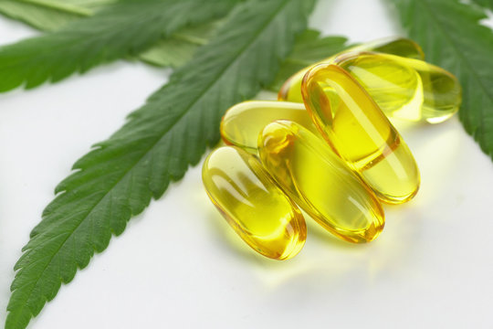 Cannabis essential oil Capsules on white background.
