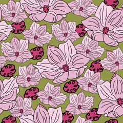 Obraz na płótnie Canvas Colorful hand drawn light pink magnolia flower on green background. Pink vector seamless pattern.