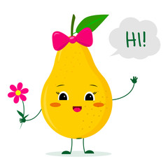 Kawaii cute yellow pear fruit cartoon character with a pink bow holding a flower and welcomes. Logo, template, design. Vector illustration, a flat style