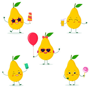 A set of five Kawaii cute yellow pear fruit in cartoon style. In glasses with ice cream, with a balloon, with a lollipop, with juice, with a selfie phone. Flat, Vector illustration