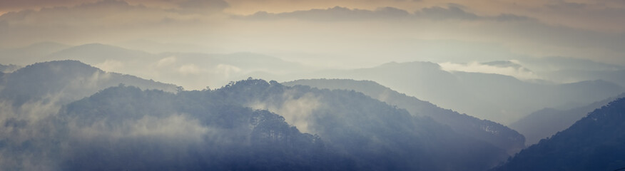 Beautiful mountain landscape at rainy day. Dalat, Vietnam. Panorama