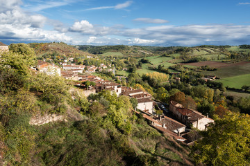 View over rooftops of the village of Corde-sur-Ciel in South West France