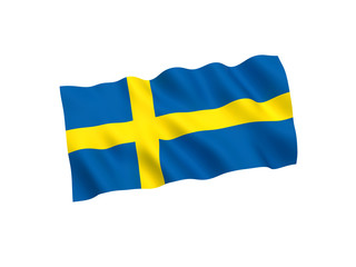 National fabric flag of Sweden isolated on white background. 3d rendering illustration. 1 to 2 proportion