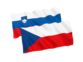 National fabric flags of Czech Republic and Slovenia isolated on white background. 3d rendering illustration. Proportion 1:2